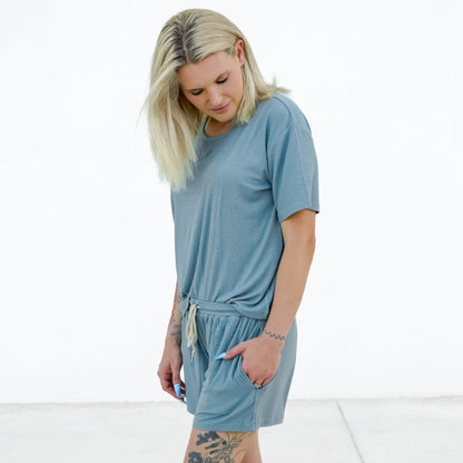 Slate Blue Small Ribbed Women's Shorts Set