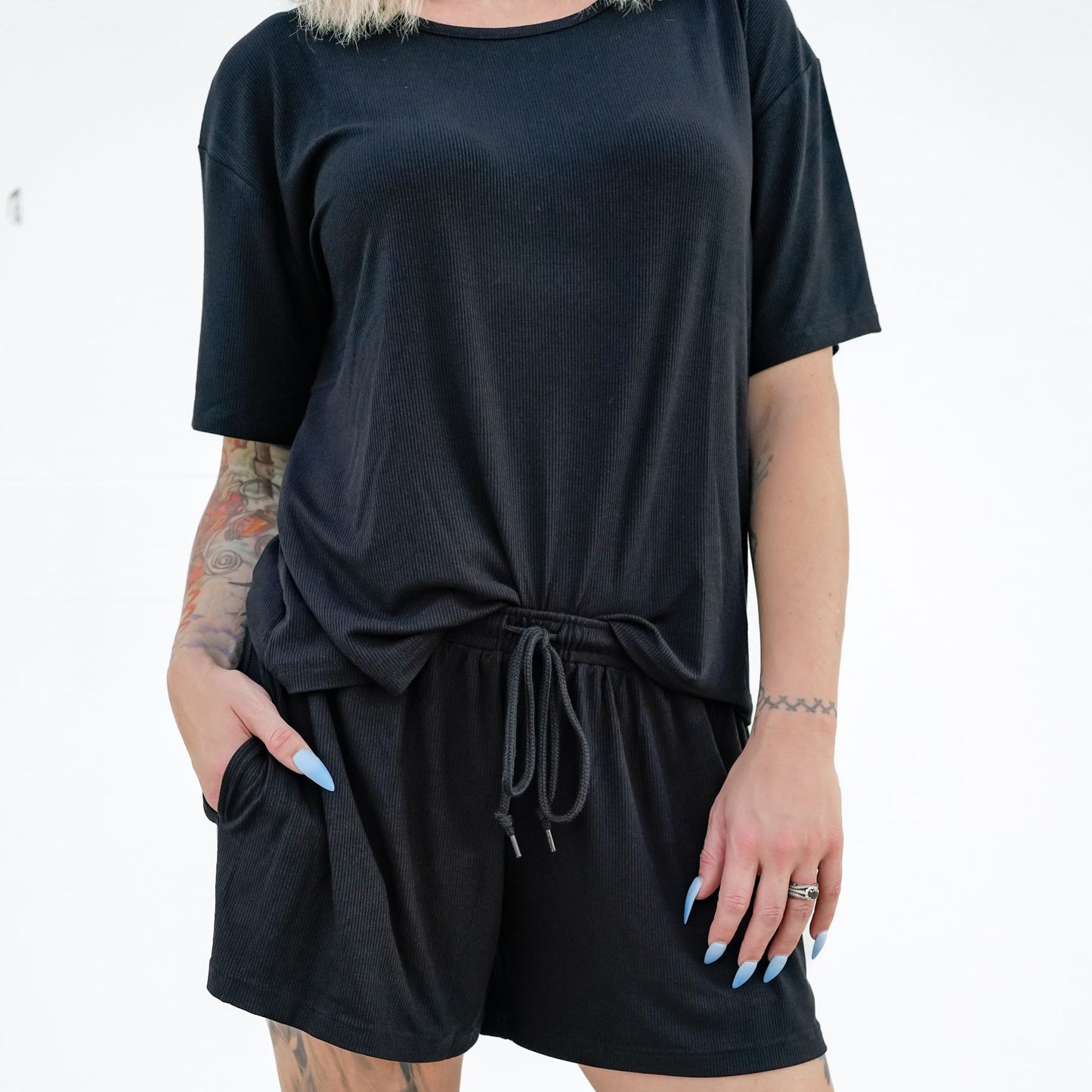 Jet Black Small Ribbed Women's Short Sleeve Top