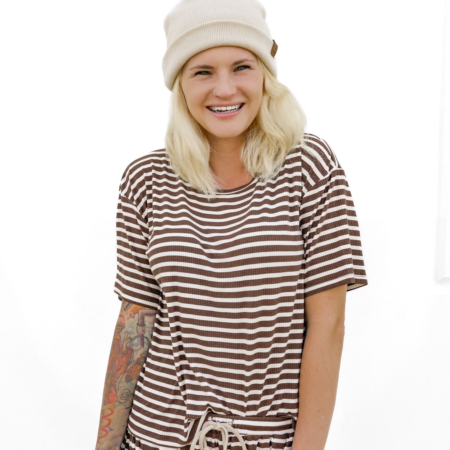 Pinecone Big Stripe Small Ribbed Women's Short Sleeve Top