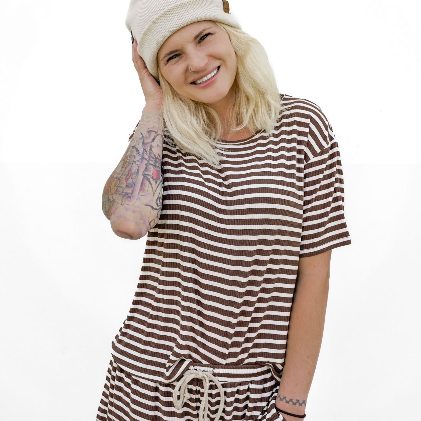 Pinecone Big Stripe Small Ribbed Women's Short Sleeve Top