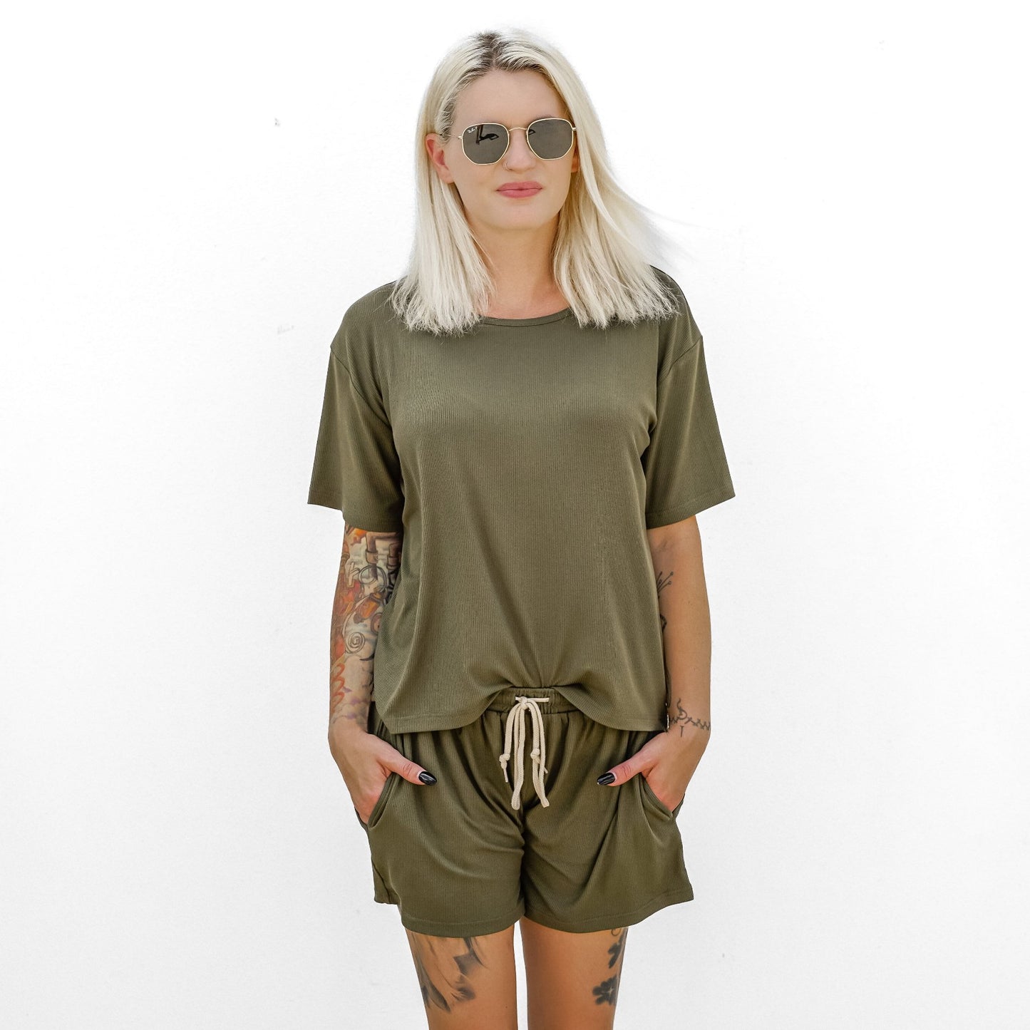 Pine Green Small Ribbed Women's Short Sleeve Top