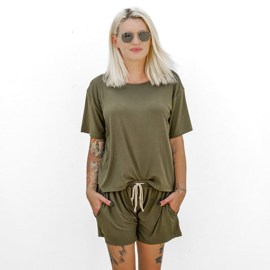 Pine Green Small Ribbed Women's Shorts Set