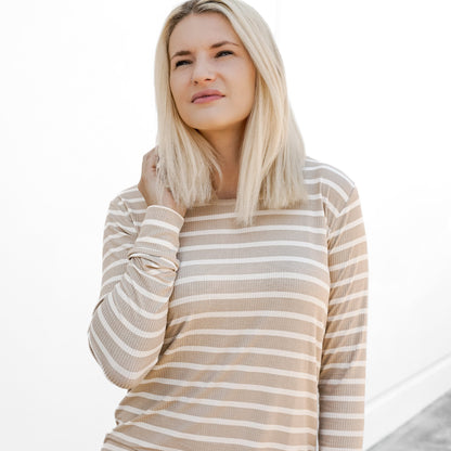 Tan Wide Stripe Small Ribbed Women's Long Sleeve Top