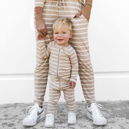 Tan Wide Stripe Small Ribbed Zip Romper