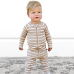 Tan Wide Stripe Small Ribbed Zip Romper