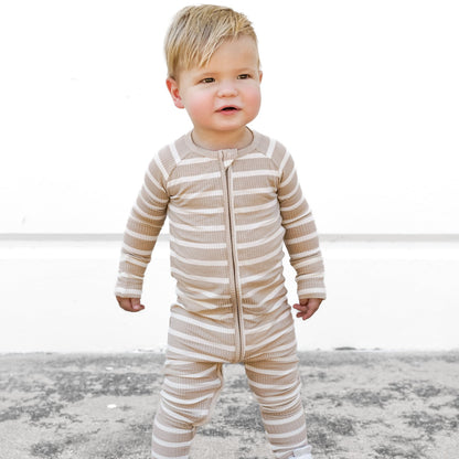 Tan Wide Stripe Small Ribbed Zip Romper