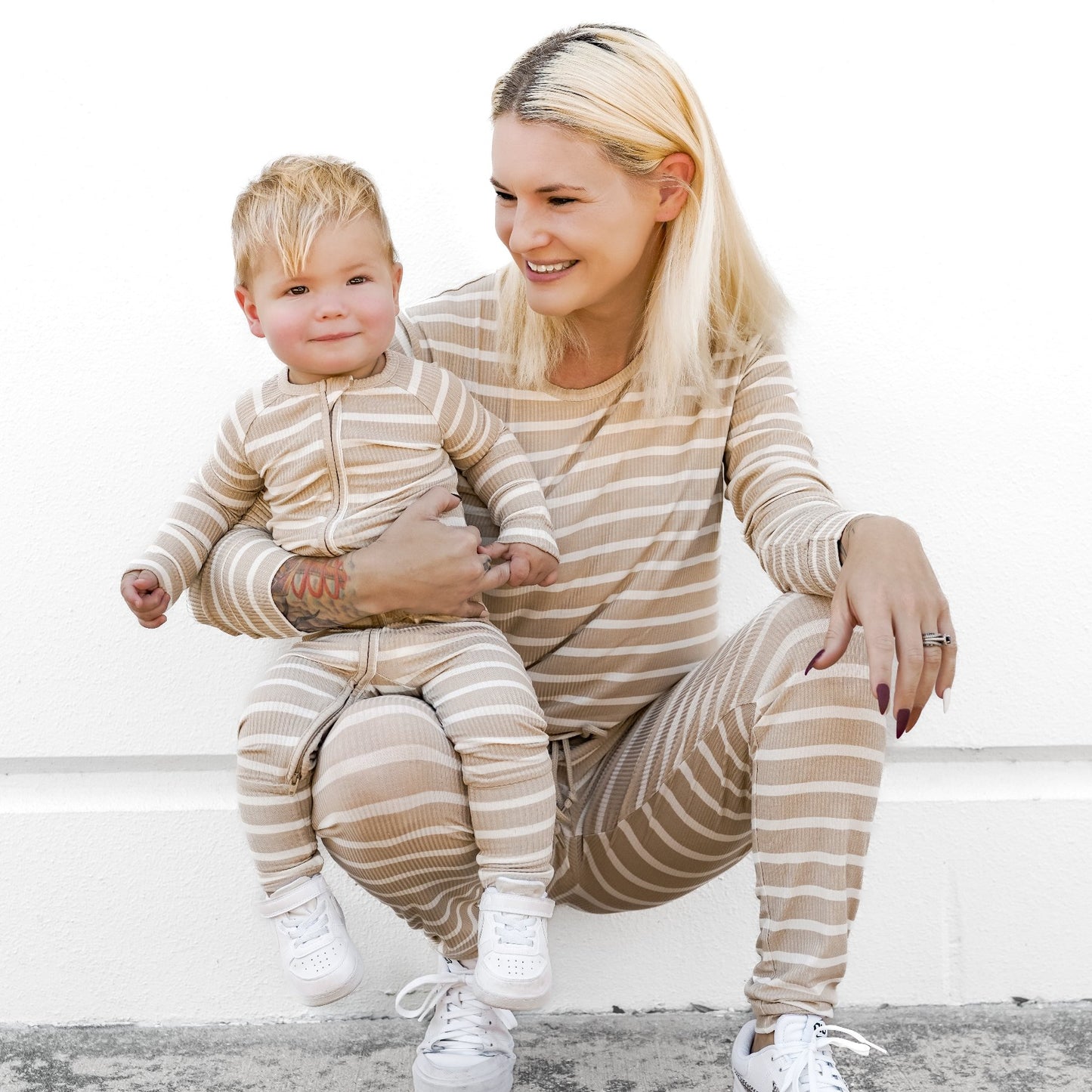 Tan Wide Stripe Small Ribbed Zip Romper