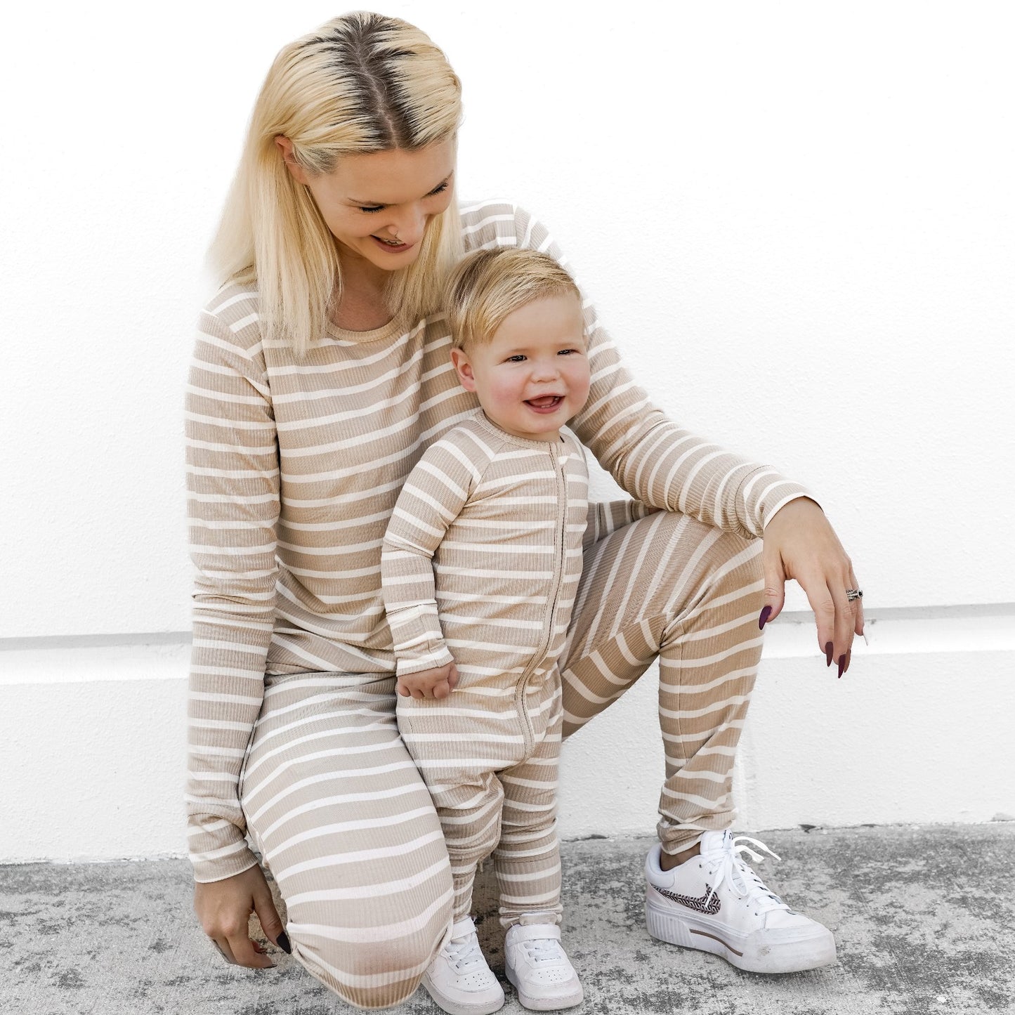 Tan Wide Stripe Small Ribbed Zip Romper