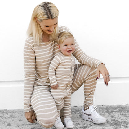 Tan Wide Stripe Small Ribbed Women's Matching Set