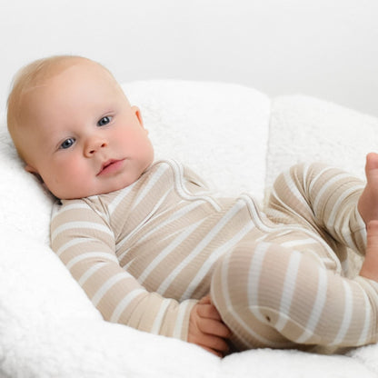 Tan Wide Stripe Small Ribbed Zip Romper