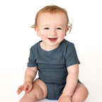 Dark Steel Blue Small Ribbed Shorts Two-Piece Set