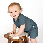 Dark Steel Blue Small Ribbed Shorts Two-Piece Set