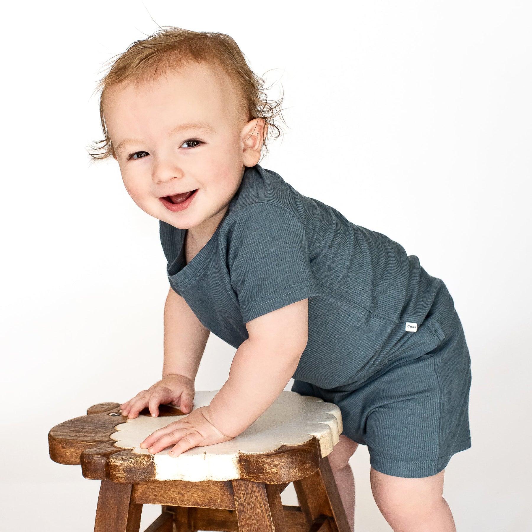 Dark Steel Blue Small Ribbed Shorts Two-Piece Set