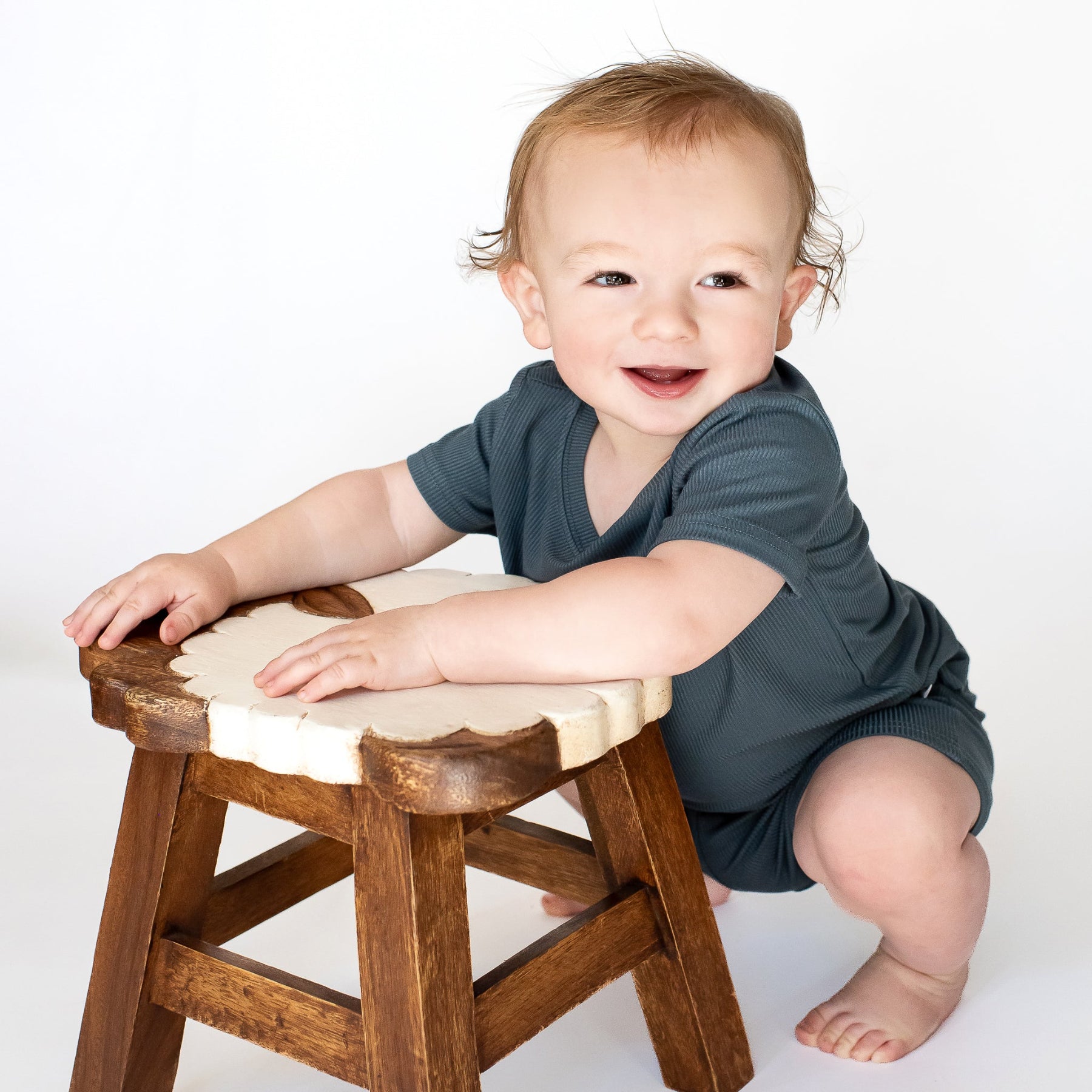 Dark Steel Blue Small Ribbed Shorts Two-Piece Set