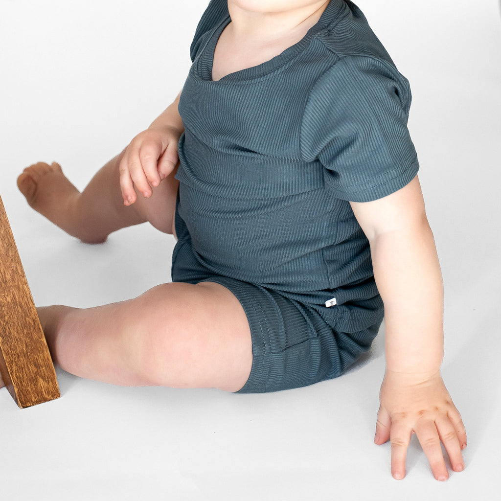 Dark Steel Blue Small Ribbed Shorts Two-Piece Set