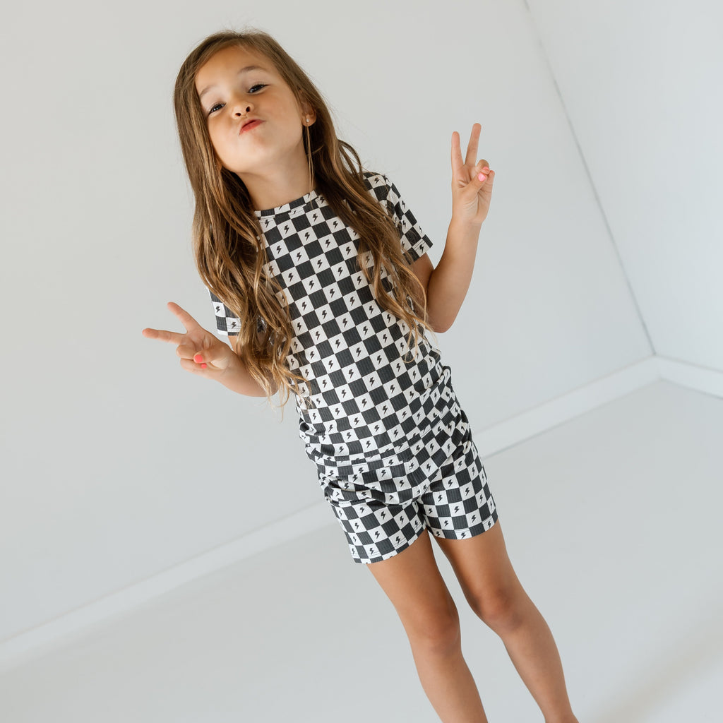 Checkered Lightning Bolt Small Ribbed Shorts Two-Piece Set
