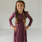 Plum Gingham Small Ribbed Ruffle Long Sleeve Dress