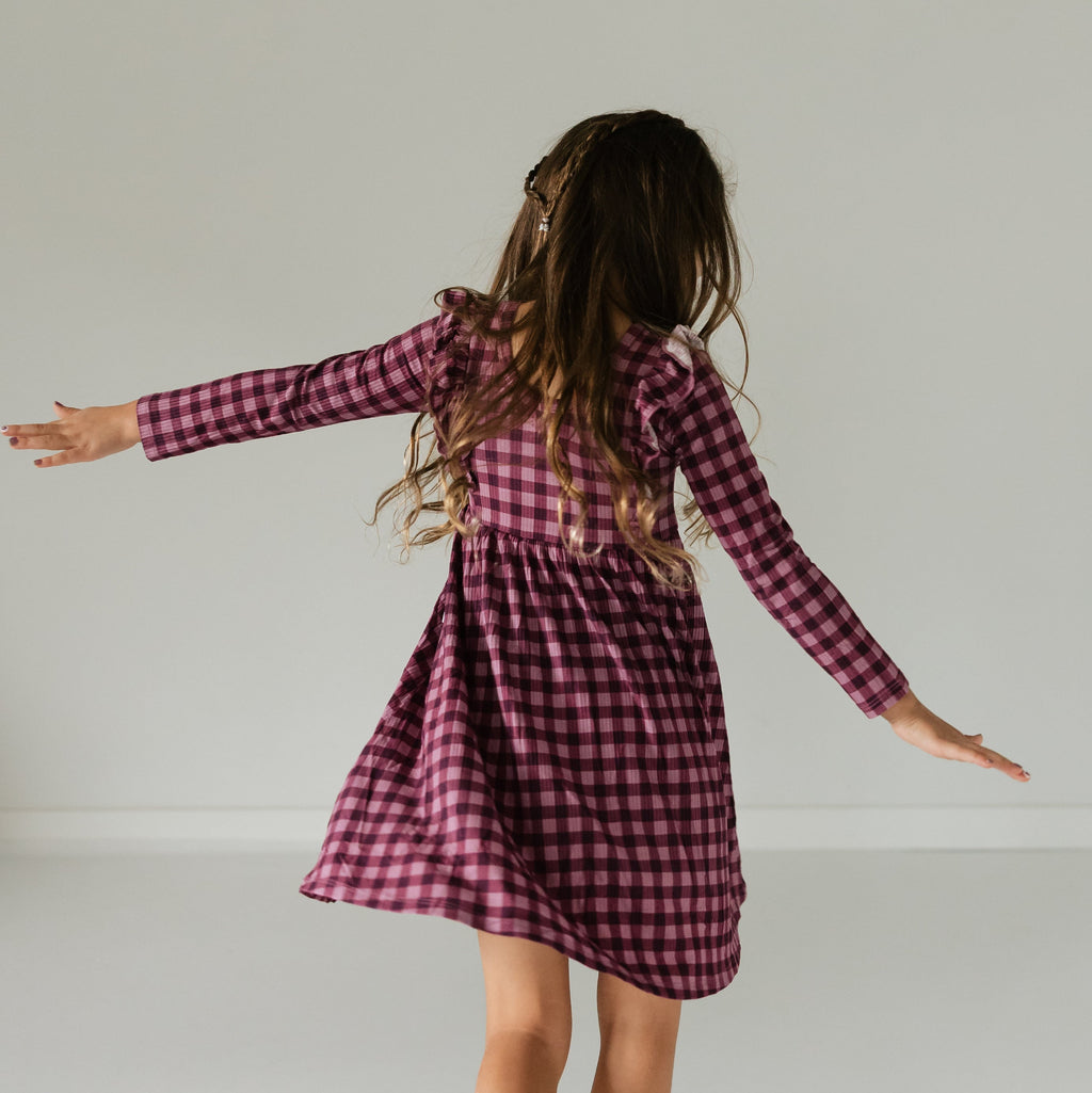 Plum Gingham Small Ribbed Ruffle Long Sleeve Dress