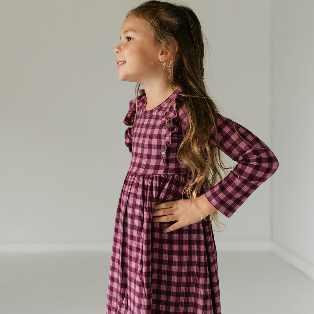 Plum Gingham Small Ribbed Ruffle Long Sleeve Dress