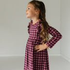 Plum Gingham Small Ribbed Ruffle Long Sleeve Dress