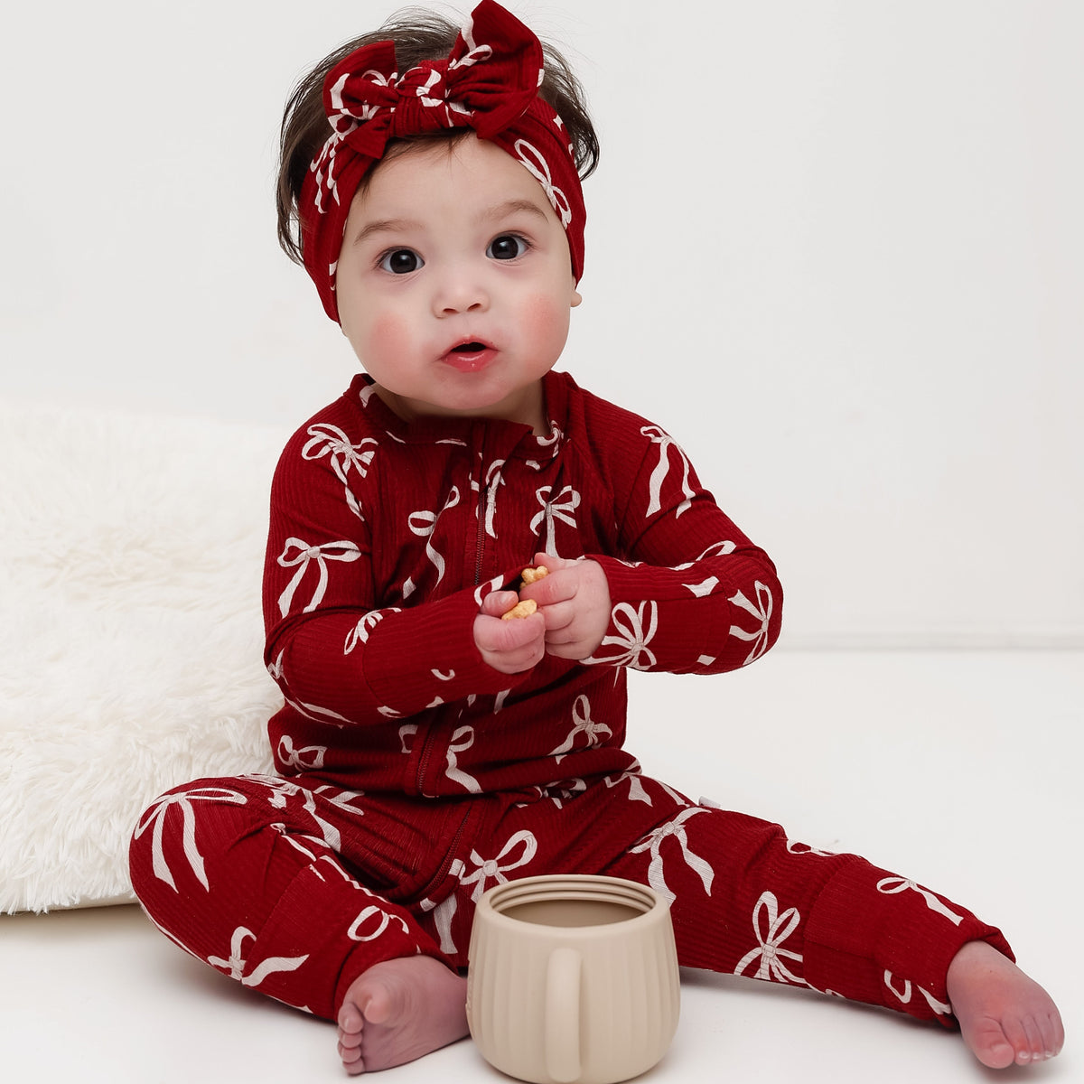 Coquette Bows Red Small Ribbed Zip Romper