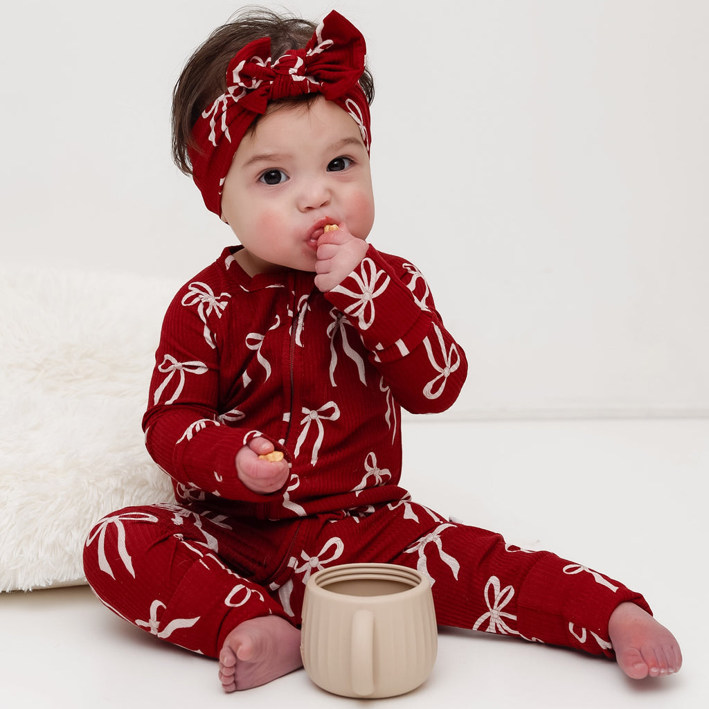 Coquette Bows Red Small Ribbed Zip Romper