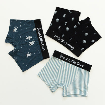 Moon Phases, Astronauts and Blue Small Stripe Boxer Brief 3 Pack