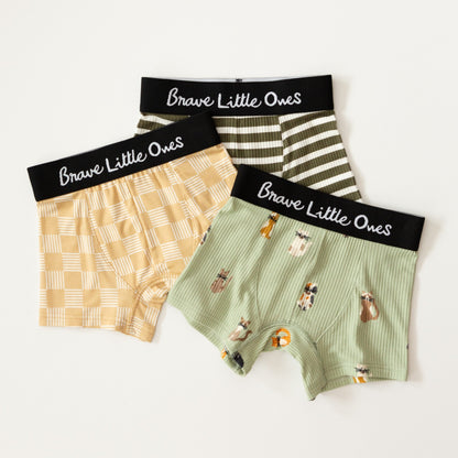 Cats, Checkered Lines and Pine Green Big Stripe Boxer Brief 3 Pack