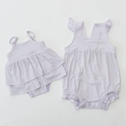 Lavender Small Stripe Ribbed Ruffle Romper