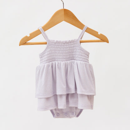 Lavender Small Stripe Ribbed Ruffle Romper