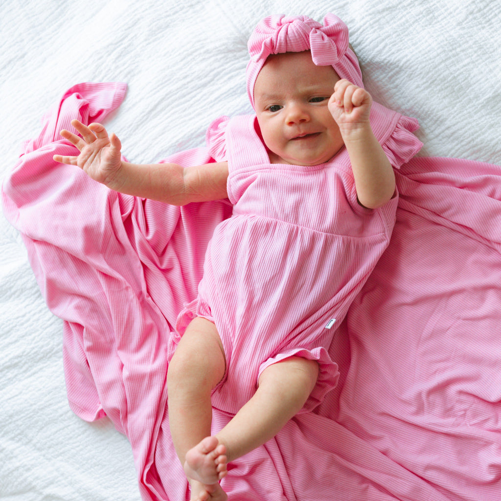 Bubblegum Pink Small Ribbed Flutter Sleeve Romper