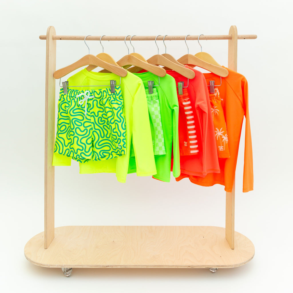 Neon Coral Stripe Swim Trunks