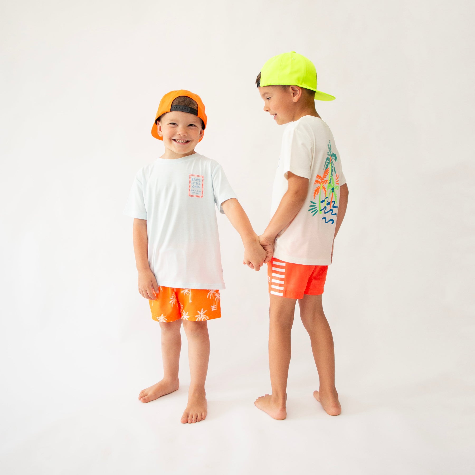 Neon Coral Stripe Swim Trunks