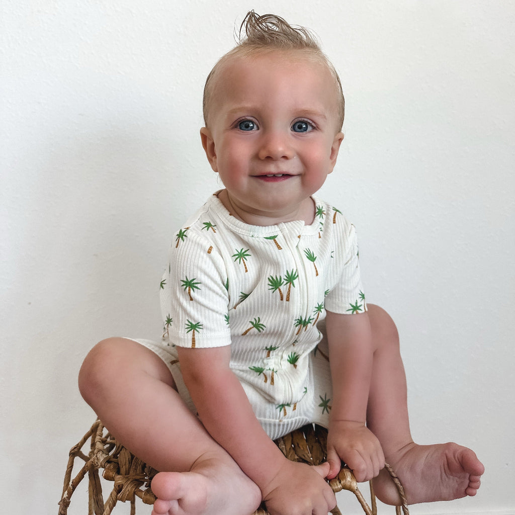 Island Palm Trees Small Ribbed Summer Zip Romper