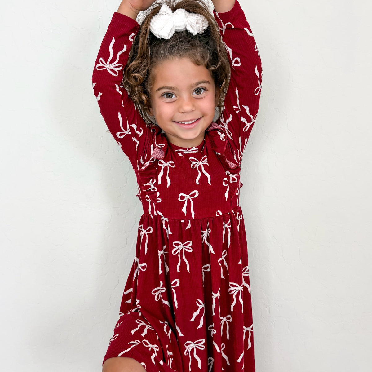 Coquette Bows Red Small Ribbed Ruffle Long Sleeve Dress