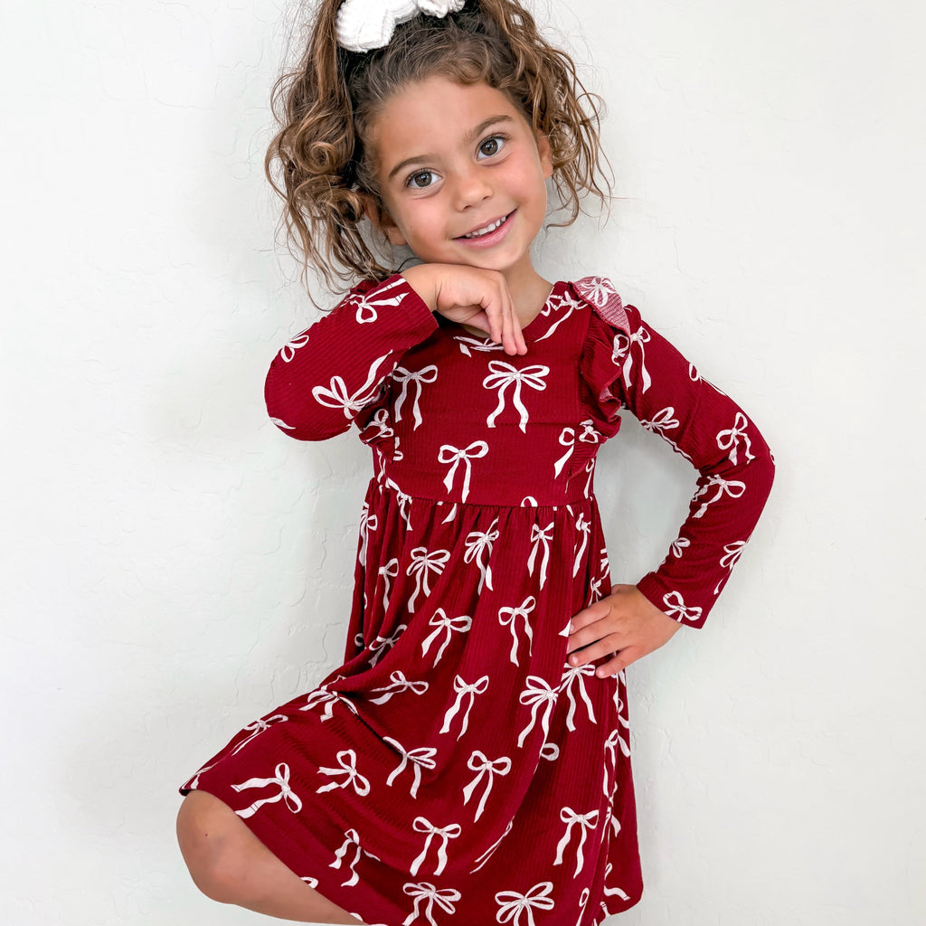 Coquette Bows Red Small Ribbed Ruffle Long Sleeve Dress