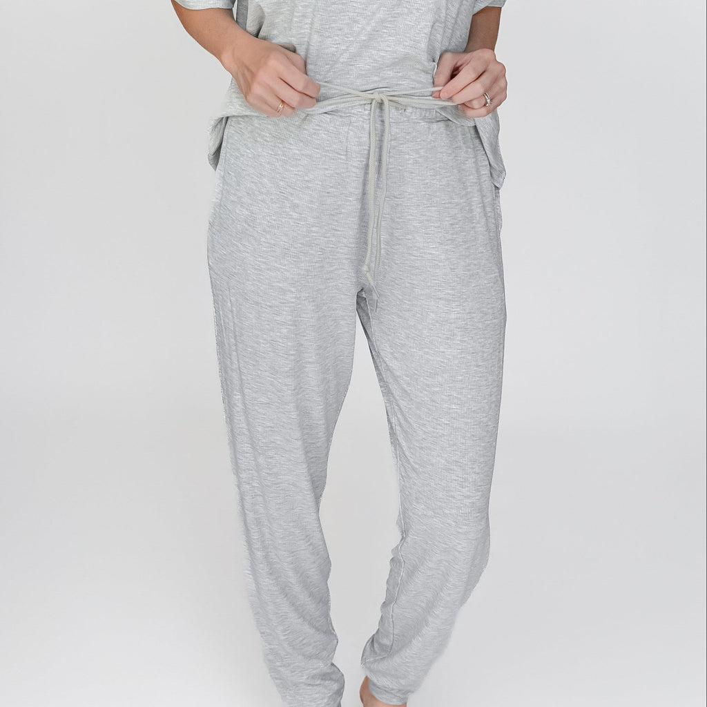 Heather Gray Small Ribbed Women's Short Sleeve & Pants Matching Set