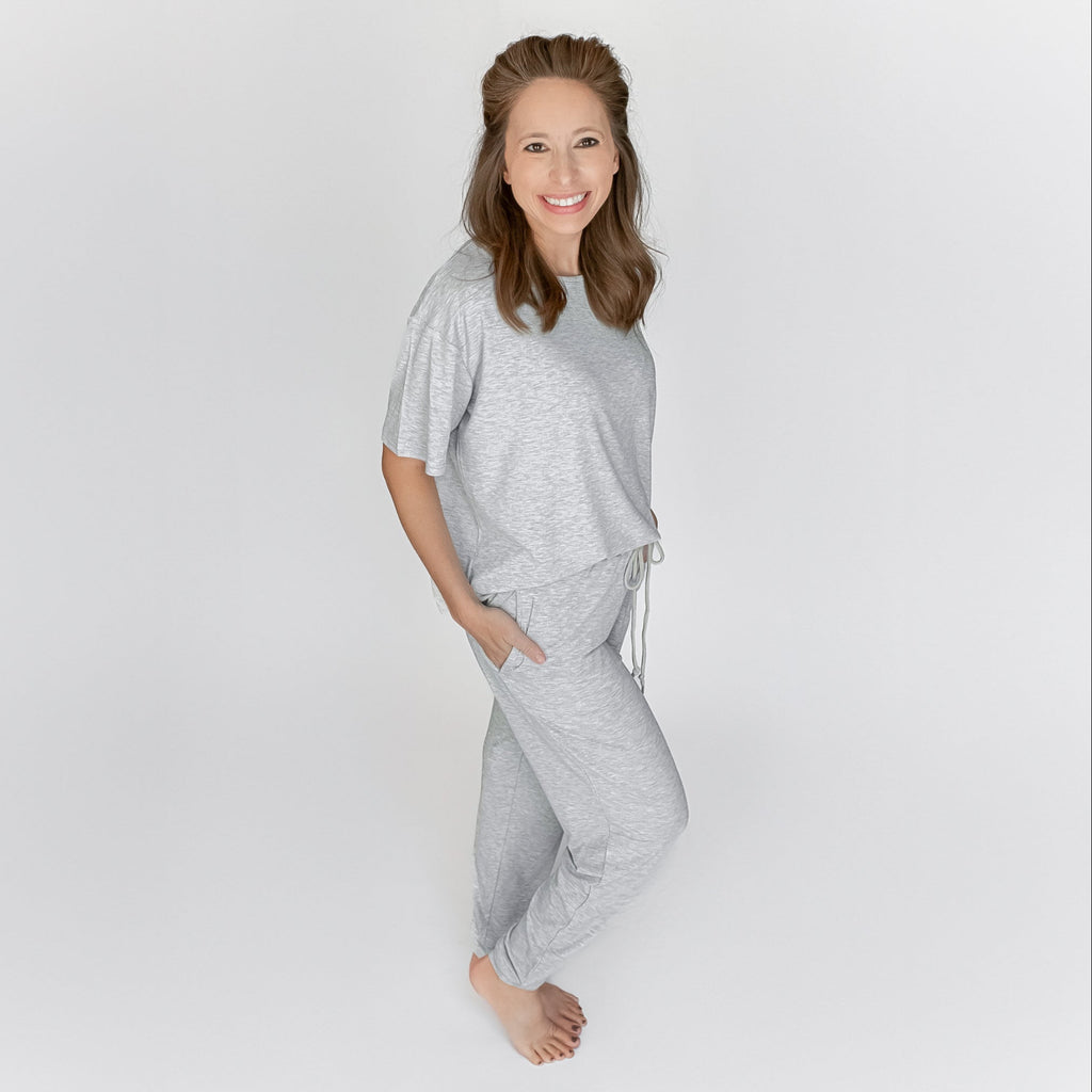 Heather Gray Small Ribbed Women's Short Sleeve & Pants Matching Set