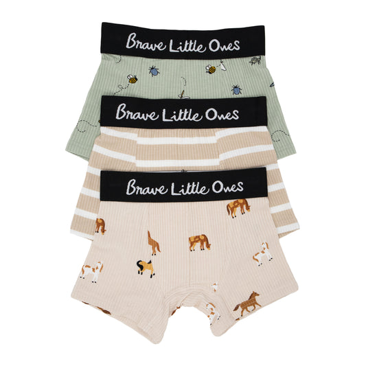 Bugs, Tan Wide Stripe and Horses Small Ribbed Boxer Brief 3 Pack