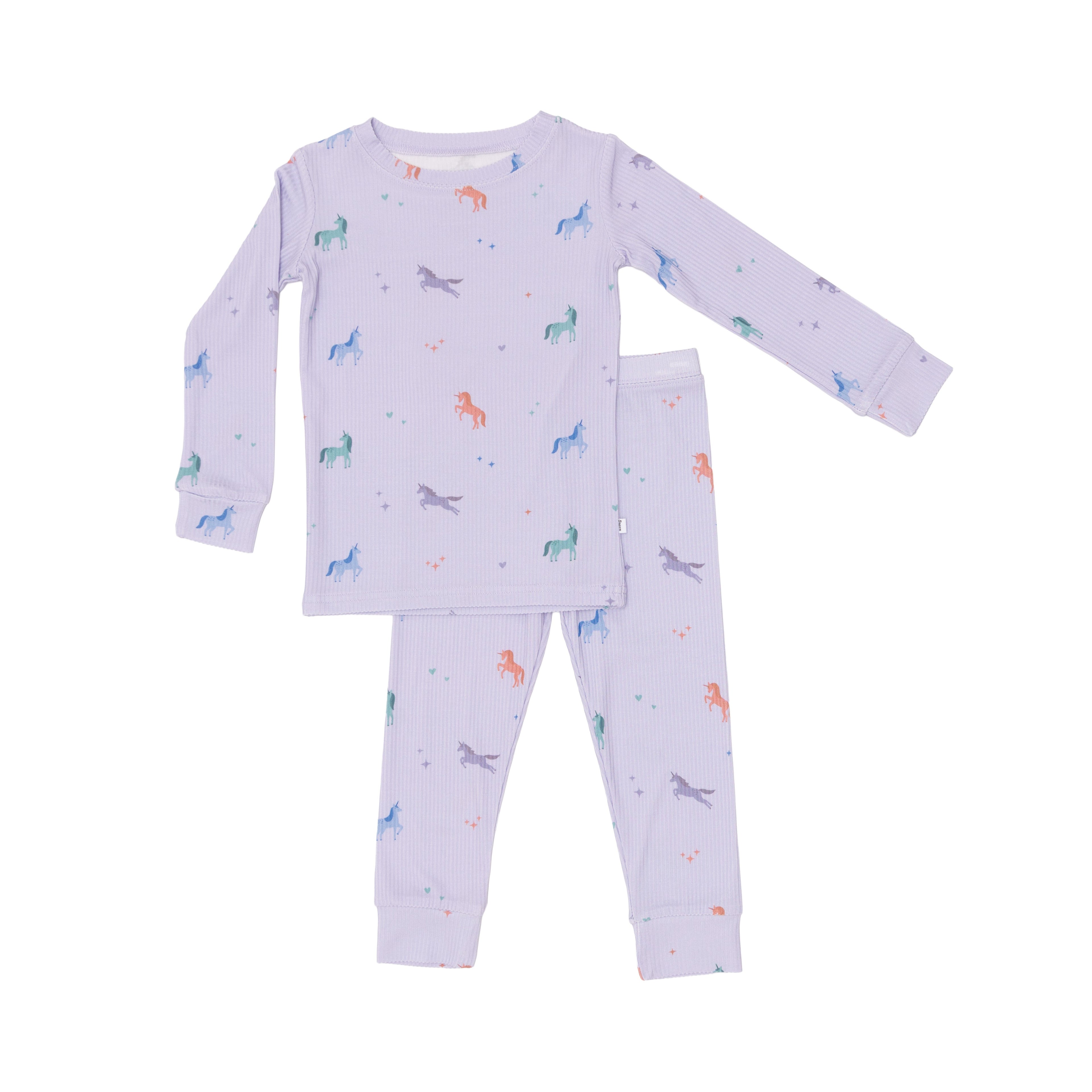 Children's pajama set with unicorn patterns on a white background