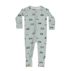 Children's onesie with bicycles & scooters pattern on a white background