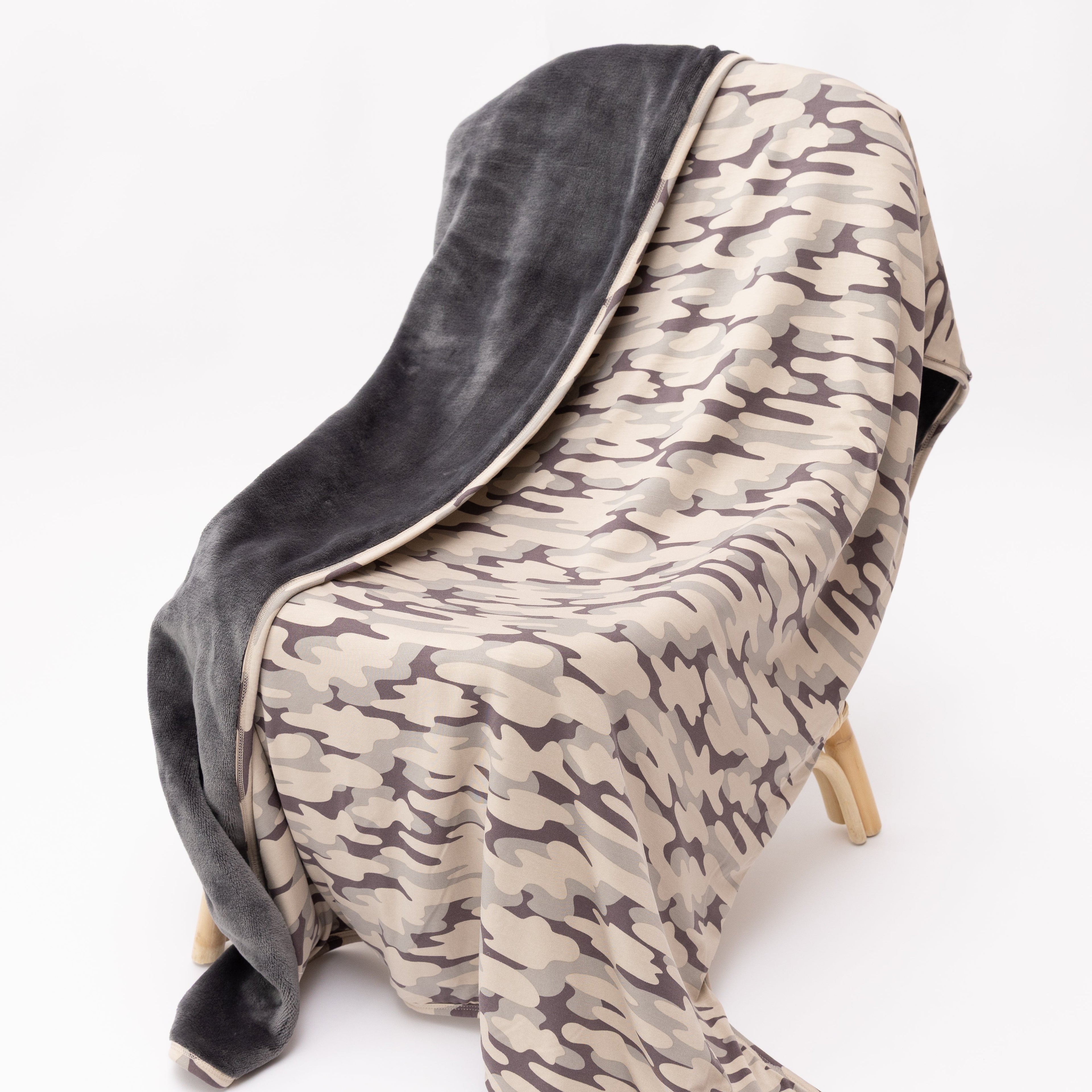 Camouflage-patterned blanket with dark backing draped on a chair