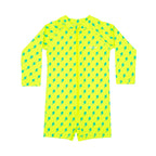 Yellow boy swimsuit with blue lightning bolt pattern on a white background
