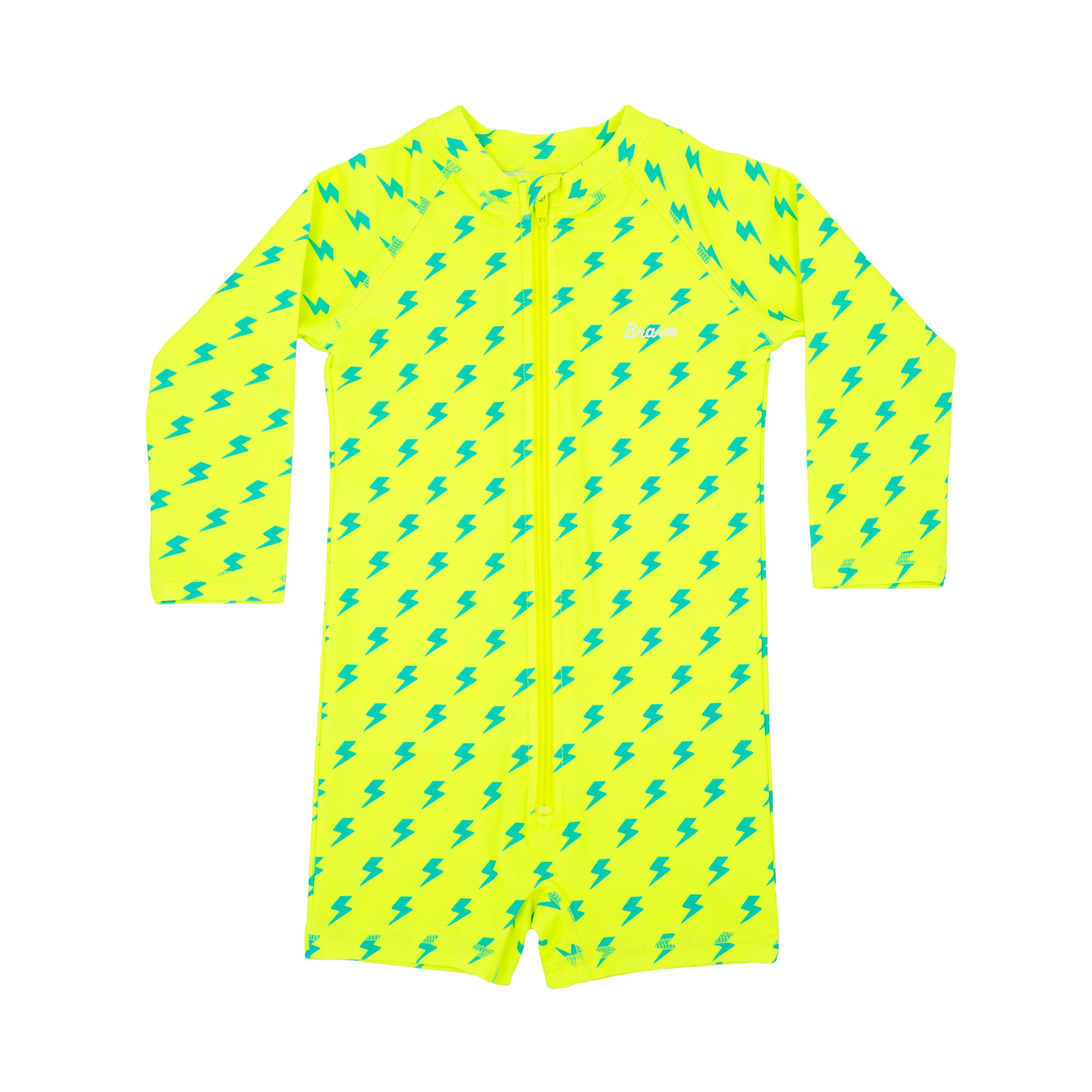 Yellow boy swimsuit with blue lightning bolt pattern on a white background