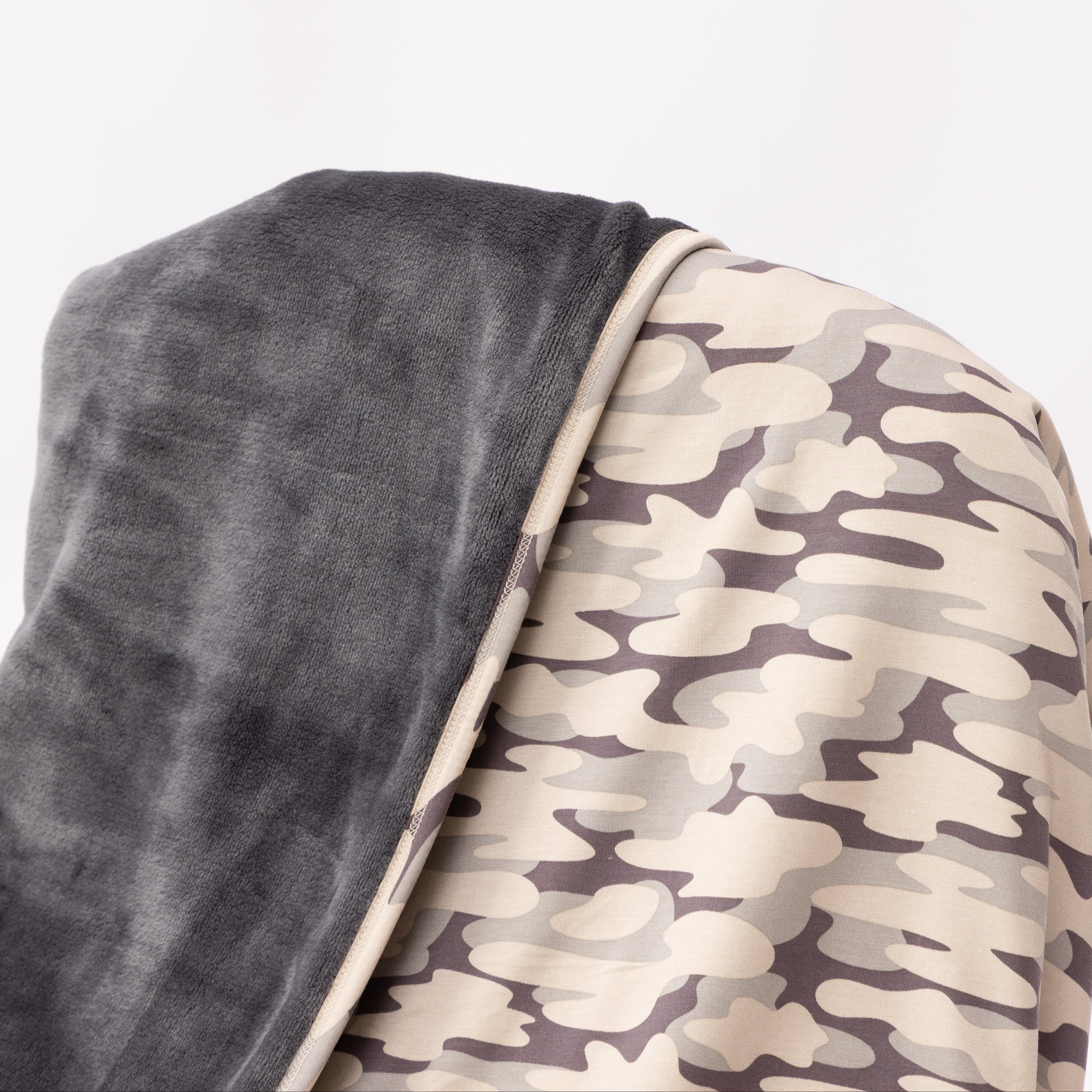 Close up of a camouflage-patterned blanket with dark backing draped on a chair