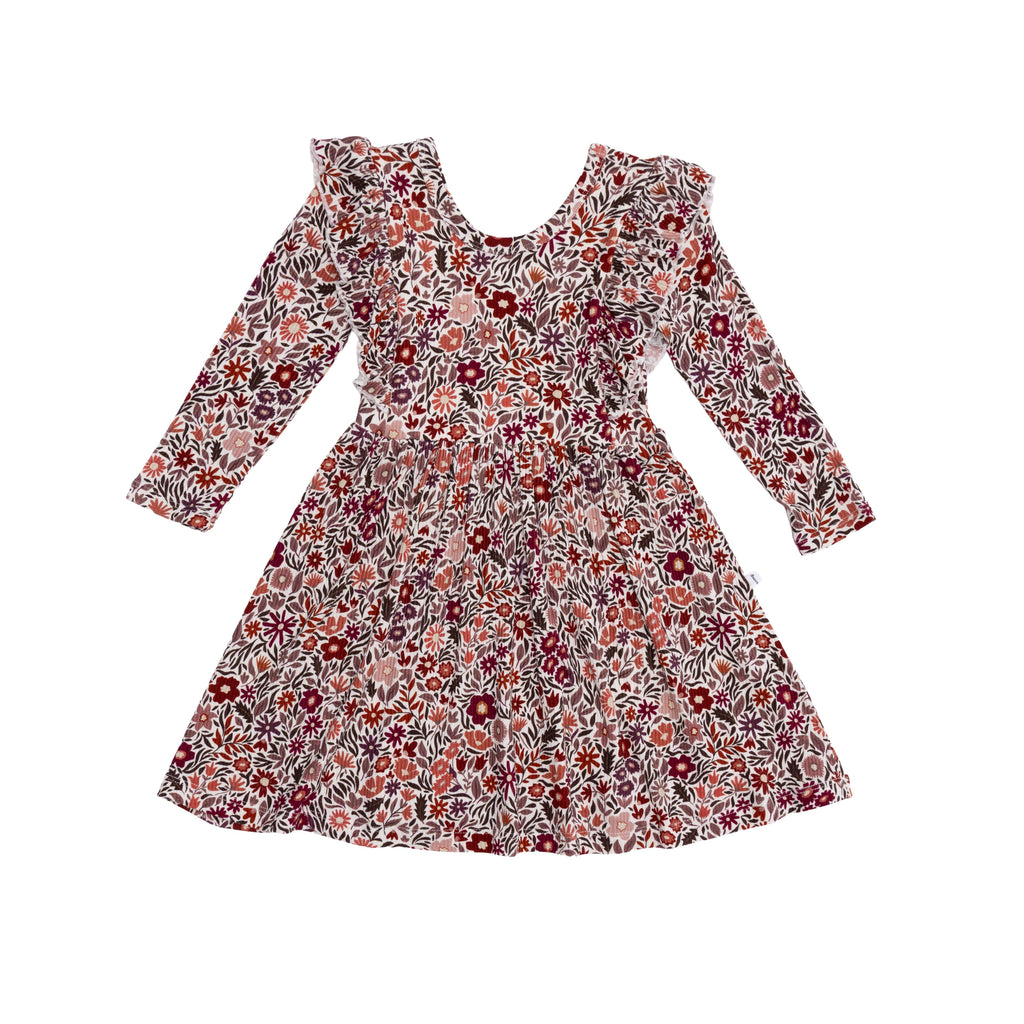 Fall Blooms Small Ribbed Ruffle Long Sleeve Dress