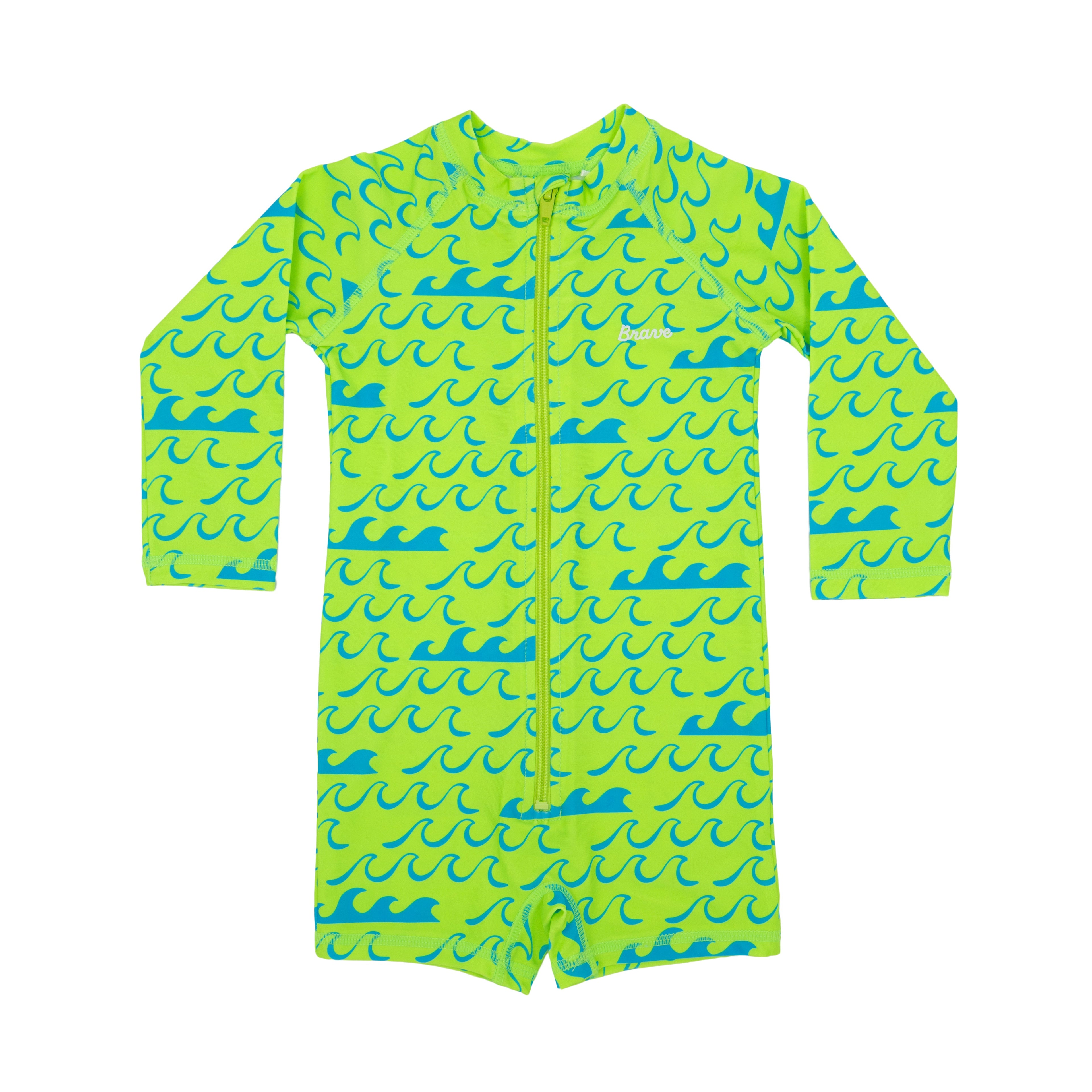 Neon Green Waves Long Sleeve Rash Guard Boy Shortie