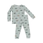 Children's pajama set with bikes and scooter pattern on a light blue background