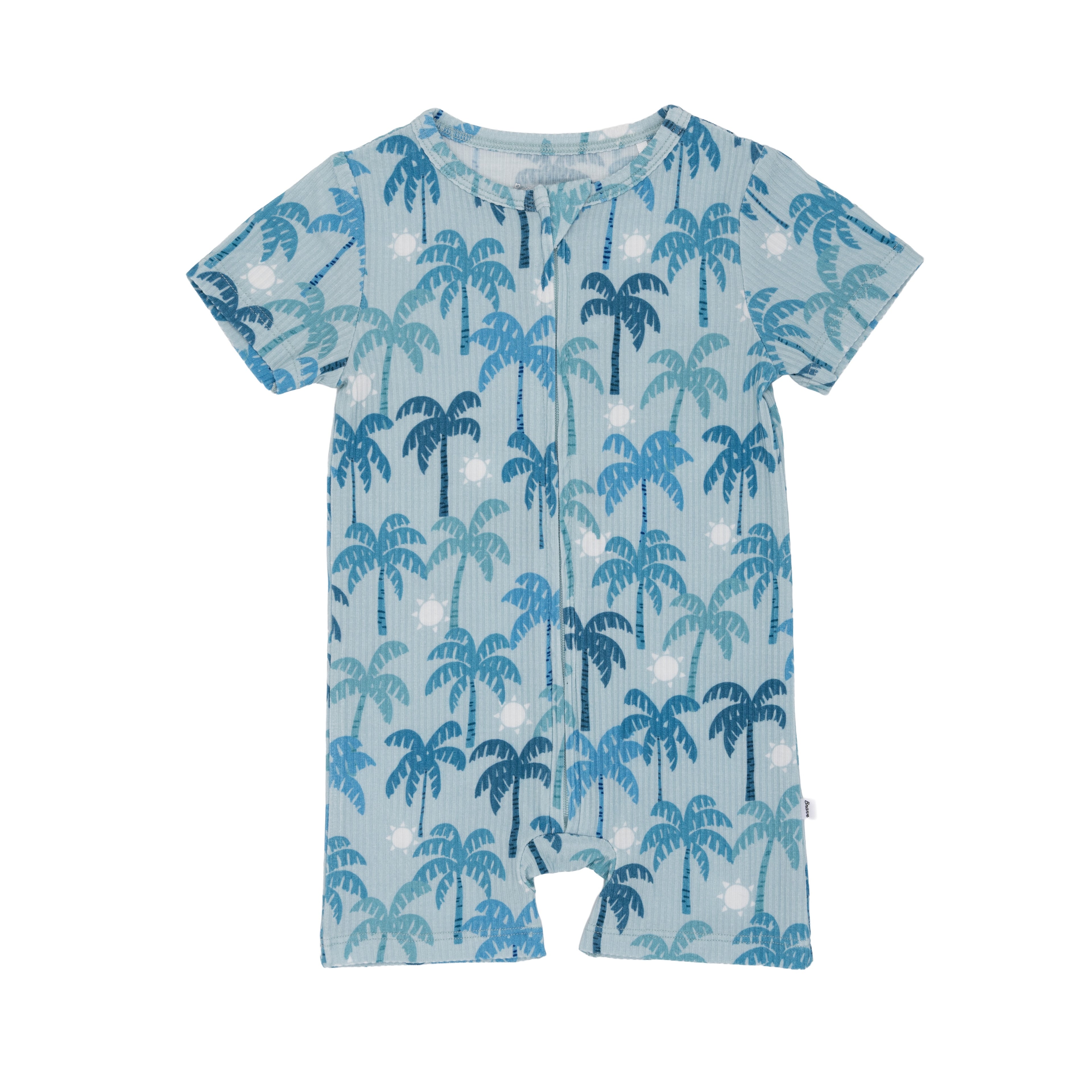 Baby romper with blue palm tree pattern on a white background