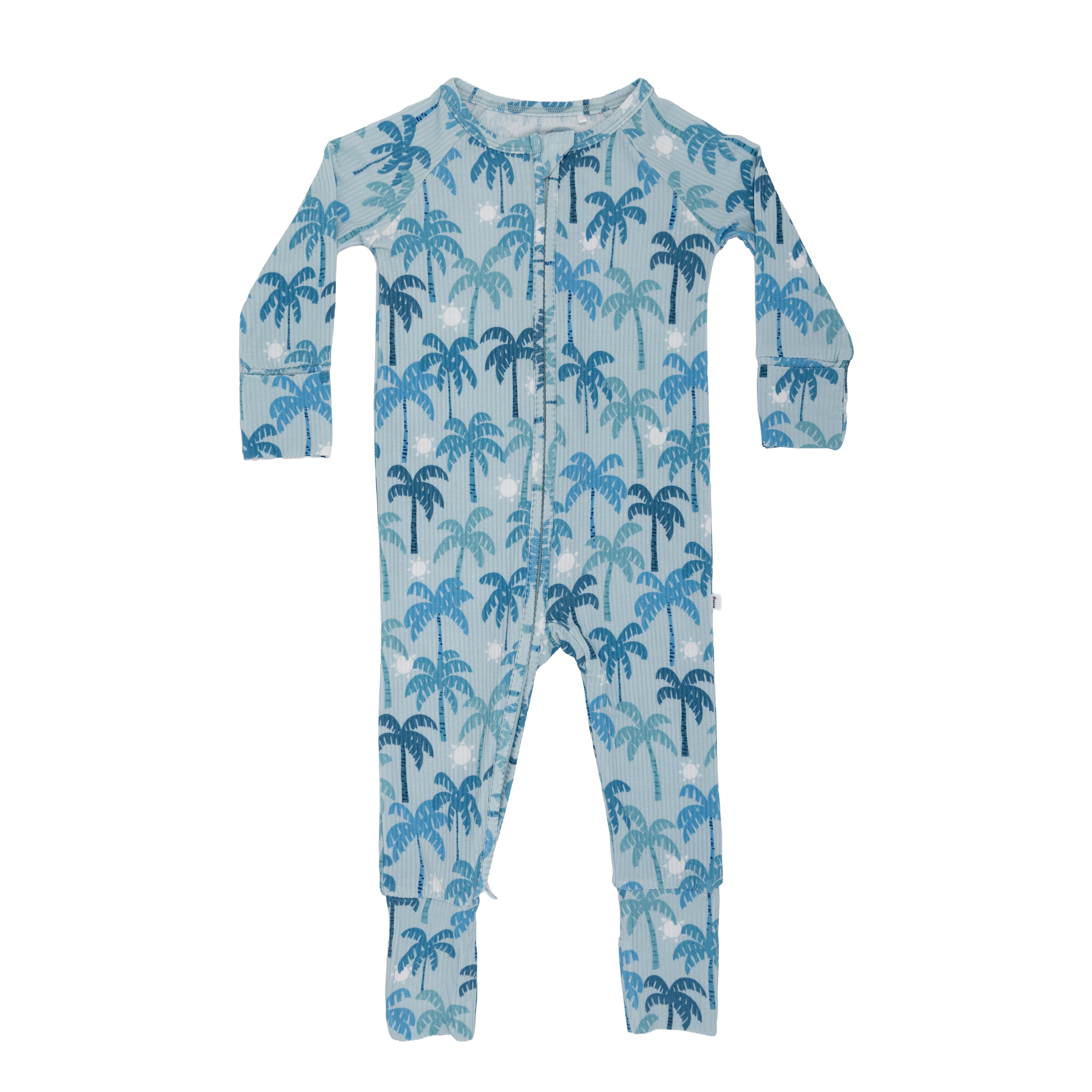 Children's onesie with blue palm tree pattern on a light blue background